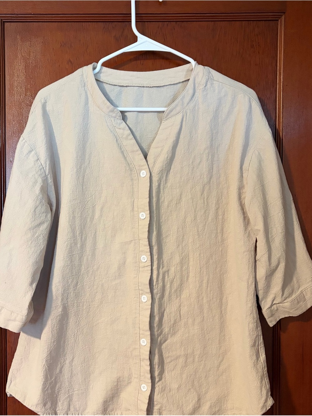 Women's Linen Button-Front Collarless Shirt - Cream